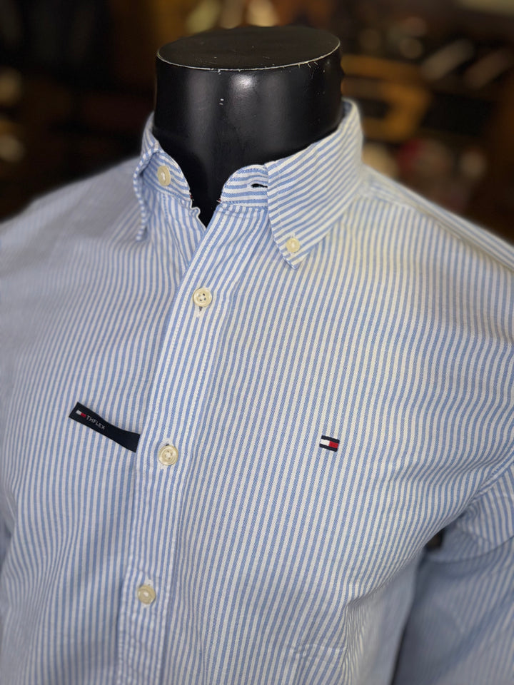 Chemise Tommy Hilfiger en popeline Flex à rayures bleu